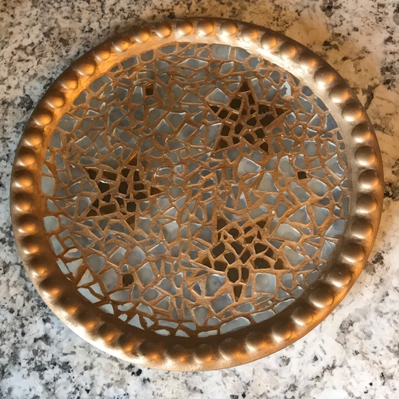 PIER 1 GOLD MOSIAC STAR GLASS PLATTER /DECORATIVE 13" PLATE - Picture 1 of 4